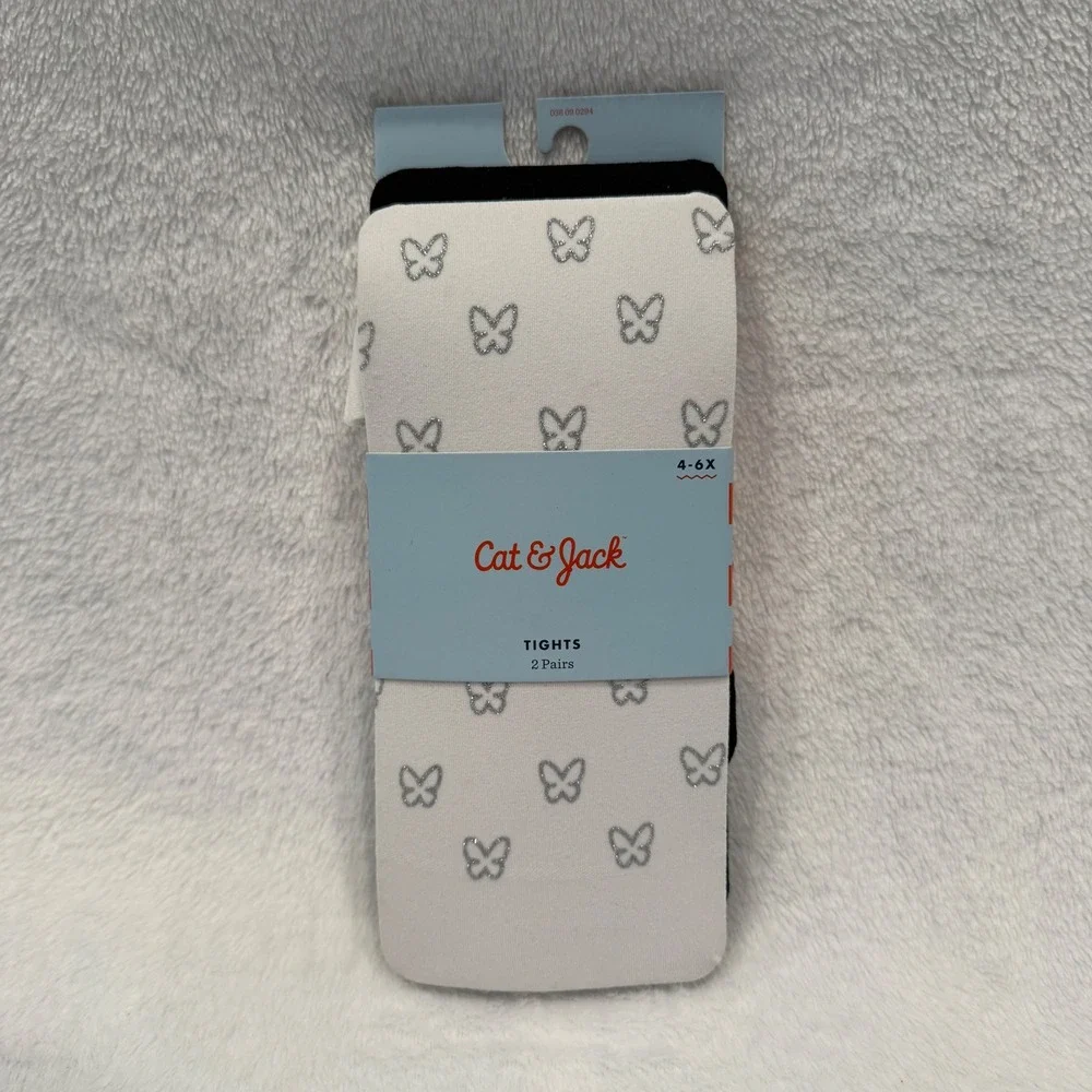 Cat & Jack Girls 2 Pack Tights White Silver Glitter Butterfly Black‎ Size 4-6x